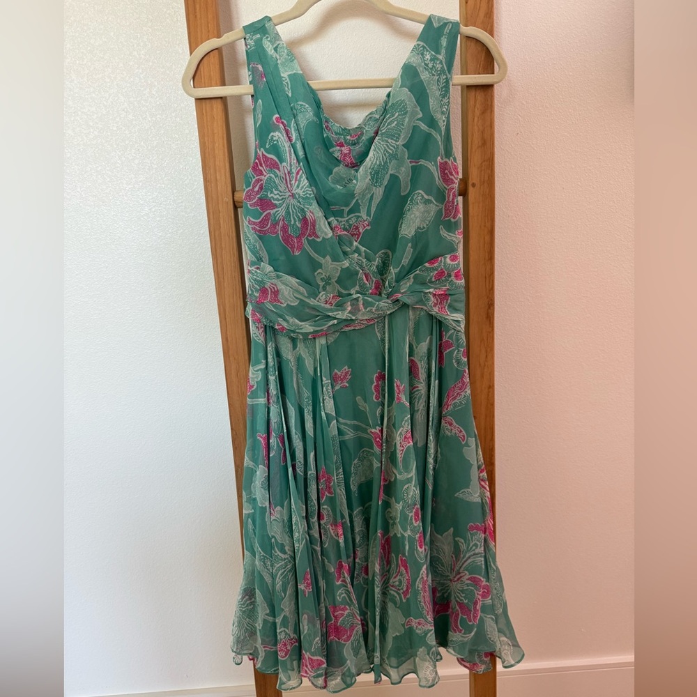 Anthropologie Odille Teal Floral Chiffon Silk Swing Dress Small